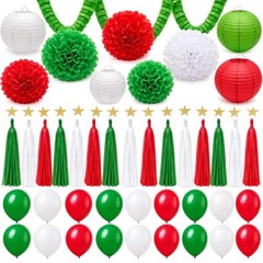 43Pcs Red, Green & White Party Decorations Supplies – Paper Pom