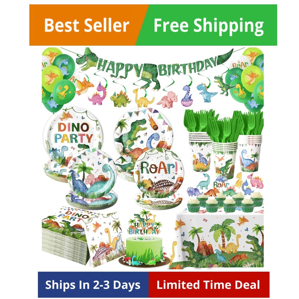 189 Pcs Dinosaur Birthday Party Supplies Set – Serves 24, Dino Decorations Ki…
