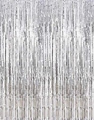2 Pcs 3.2ft x 8.2ft Shiny Metallic Tinsel Foil Fringe Curtains Photo Silver