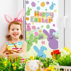 9 Sheets Happy Easter Window Clings Cute Cartoon Bunny Rabbit Egg Floral Window