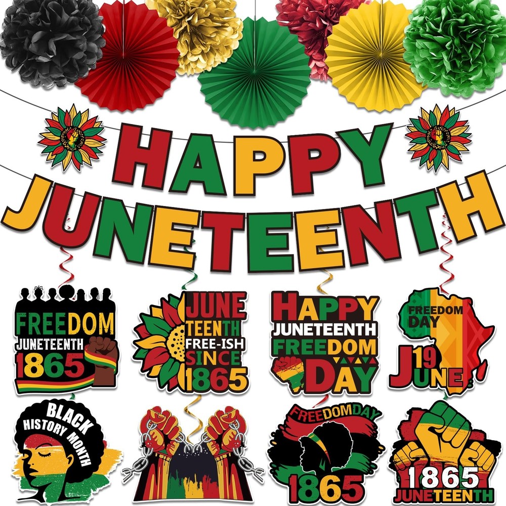 Juneteenth Banner Decorations, Red Yellow Black and Green Backdrop Decorations