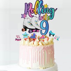 7Pcs Rolling into 9 Cake Toppers Set, Roller Skate, 9th Birthday, Retro, Girl