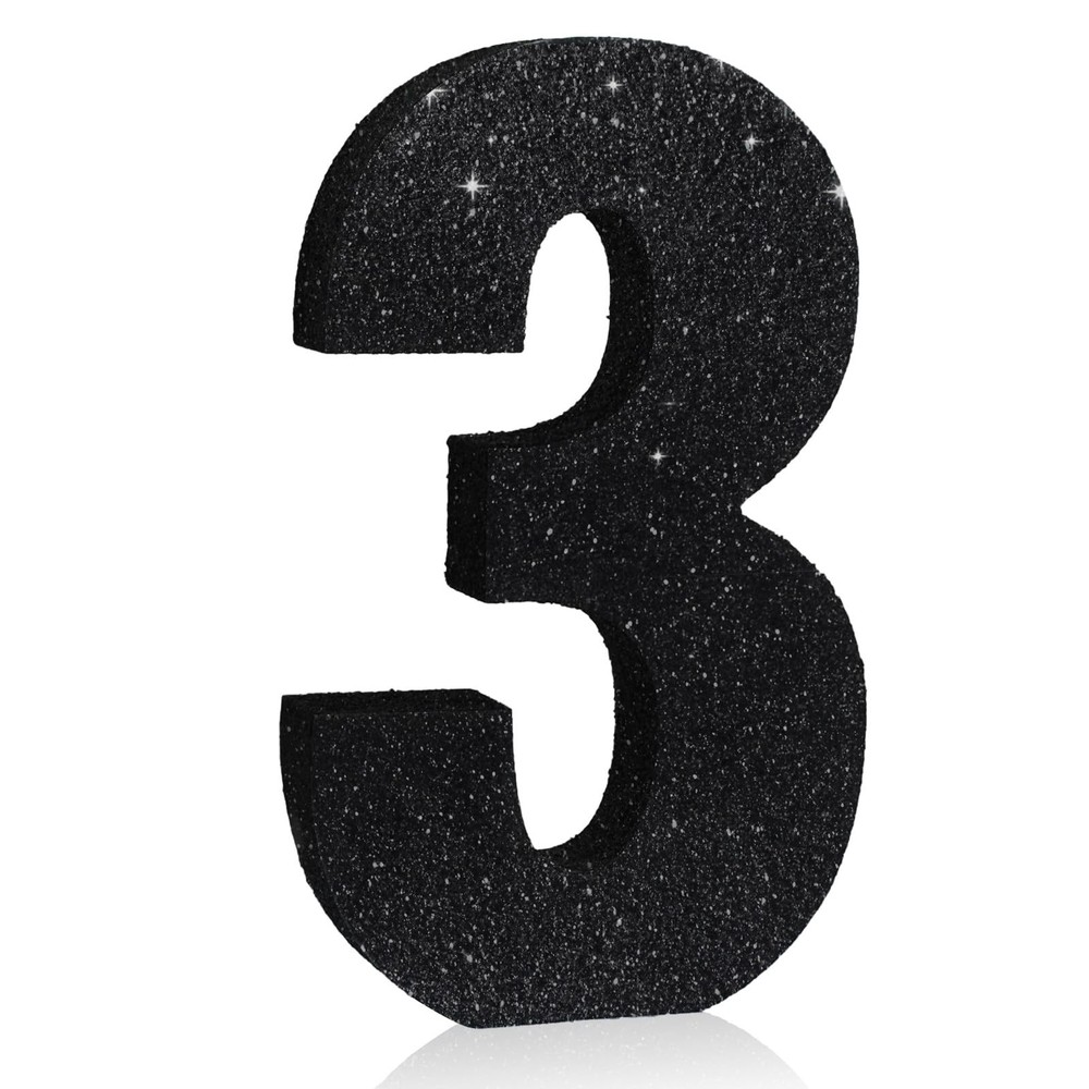Black Glitter Number 3 Wooden Table Centerpiece 7.8 Inch Birthday Decoration