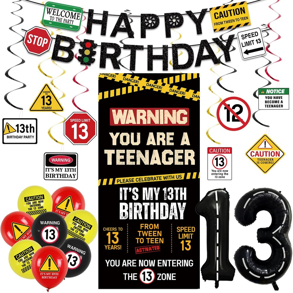 13th Birthday Decorations Boys Girls, Black Happy 13th Birthday Banner Backdr…