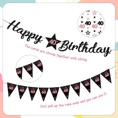 40th Birthday Decorations – 9 Pcs Rose Gold & Black Banner, Glitter Garland & Fl
