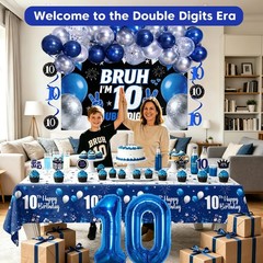 10th Decorations for Boys Girls, Blue Silver Double Digits Bruh I’m 10 Party …