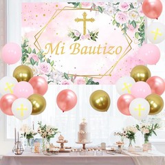 Balterever Pink Baptism Decorations for Girls with Mi Bautizo Backdrop Confir…
