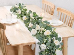 2 Pack 13Ft Artificial Eucalyptus Flower Garland with White Roses, Fake Rose
