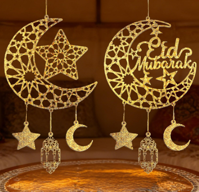 Ramadan Decorations, Eid Mubarak Moon & Star Wooden Hanging Decorations