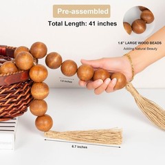 Extra Large Wood Bead Garland Brown with 1.6″ Diameter Wooden Beads and Tassels,