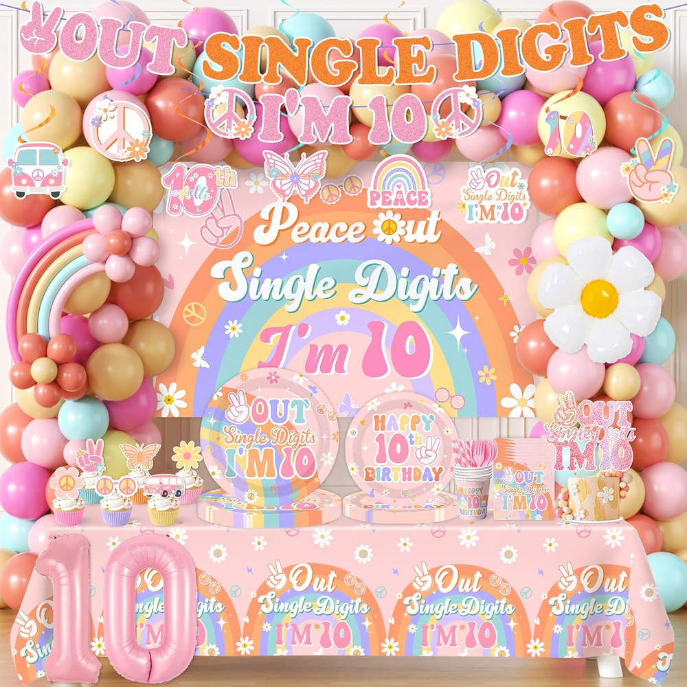 10Th Birthday Decorations for Girl,288Pcs Peace Out Single Digits Party Decor Gr