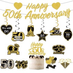 Pre-Strung Glitter 50th Anniversary Banner Decorations, Happy Black Gold