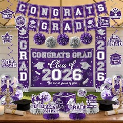 Purple and Silver Graduation Decorations 2026 Set, All-In-1 Kit with Congrats Gr