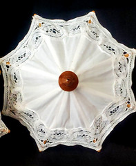 WHITE ASSTD BATTENBURG + OTHER LACE MINI PARASOL PARTY/SHOWER FAVORS – LOT OF 12