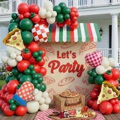 Pizza Party Decorations Kit with Red Dark Green White Latex Balloon arch Pizz
