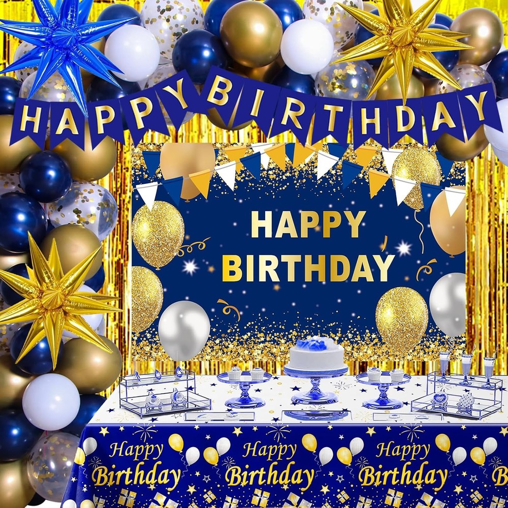 Blue and Gold Birthday Decorations for Men Boys Women Girls, 70Pcs Gold Blue Par