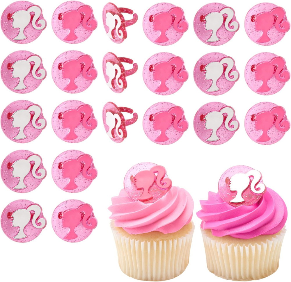 Barbie Rings, 24 Barbie Silhouette Cupcake Decorations, Pink Glitter Cake Topper
