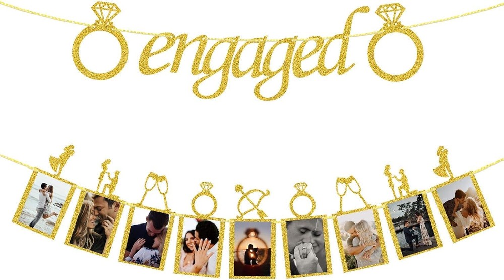 Engagement Wedding Decorations, Gold Engaged Banner and Photo Banner with Rom…