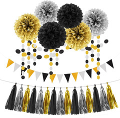 Silver Black Gold Party Decorations – 23pcs Tissue Paper Flowers Pom Poms Tassel