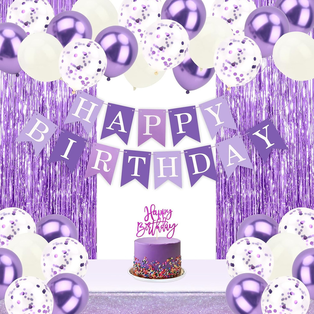 CIEHER 67PCS Purple Birthday Decorations Set – 2Pcs Foil Fringe Curtains Streame