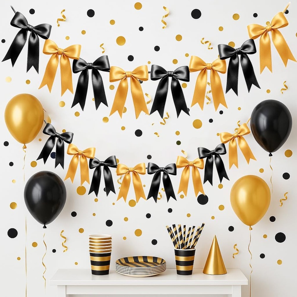 2 Strings of 16PCS Black&Gold Bow Garlands Banner Decoration,Pre-Strung Satin…