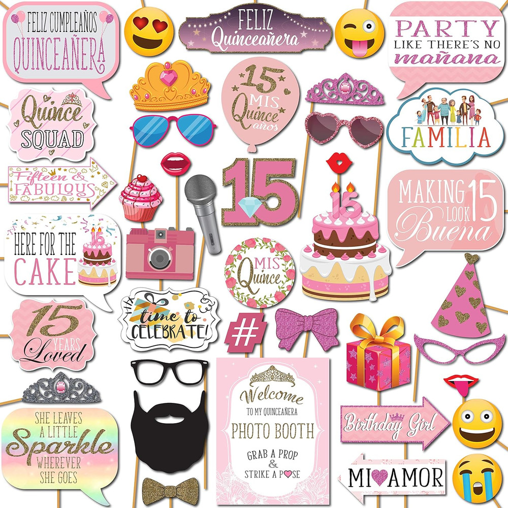 Quinceanera Photo Booth Props – 41-Pc Photobooth Kit with 8 X 10-Inch Sign, 60 A