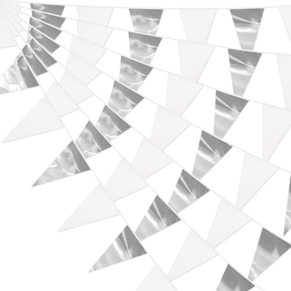 40M/130FT White Silver Glitter Triangle Pennant Banner Flag Metallic Bunting …