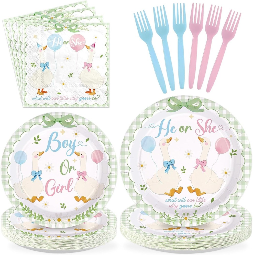 96 Pcs Sage Green White Goose Gender Reveal Decorations Baby Shower Plates and
