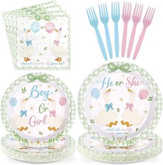 96 Pcs Sage Green White Goose Gender Reveal Decorations Baby Shower Plates and