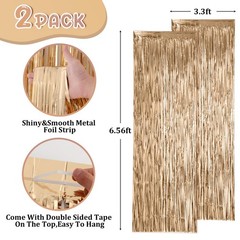 Voircoloria 2 Pack Champagne Foil Fringe Backdrop Curtains, Tinsel Streamers