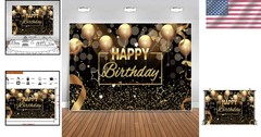 Glittery Black Gold Birthday Party Backdrop 5x3ft for Captivating Photos