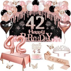 42nd Birthday Decoration Set with Banner, Tiara, Sash, Cake Topper & Balloons