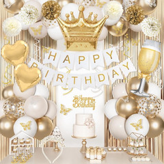 White and Golden Birthday Party Decorations with Paper Pompoms | Happy Birthday