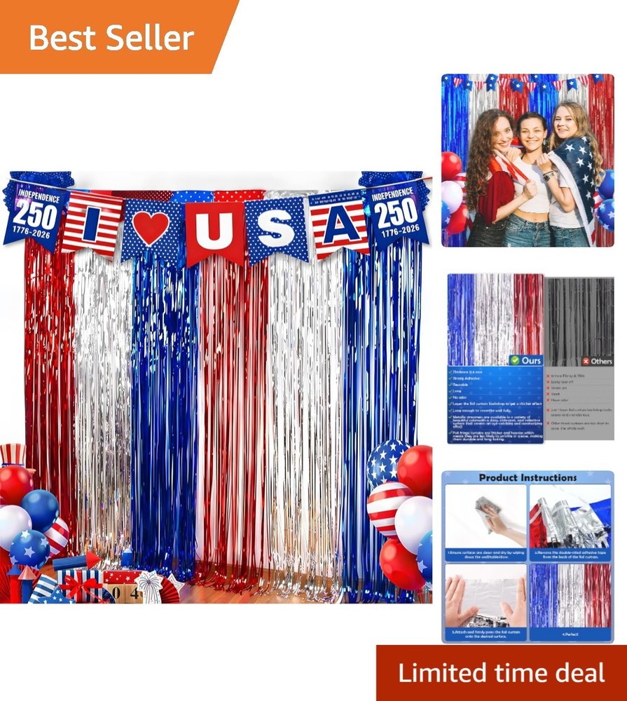 Reusable Red, White, and Blue Fringe Backdrop for 4th of July Events – 2 Pack