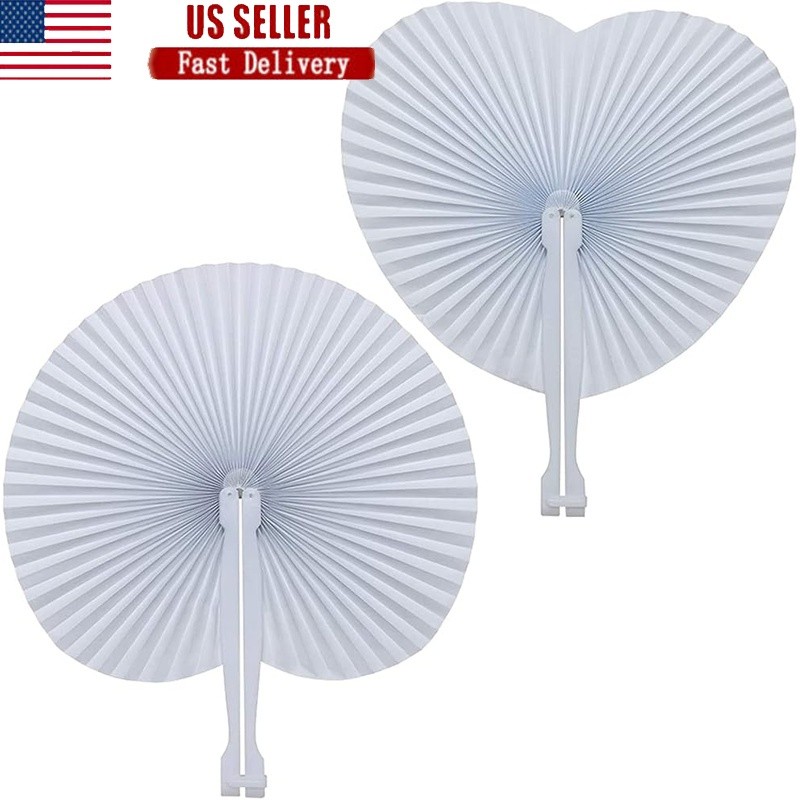 100pcs White Folding Fans Round Heart Shape Party Decorations DIY Supplies New
