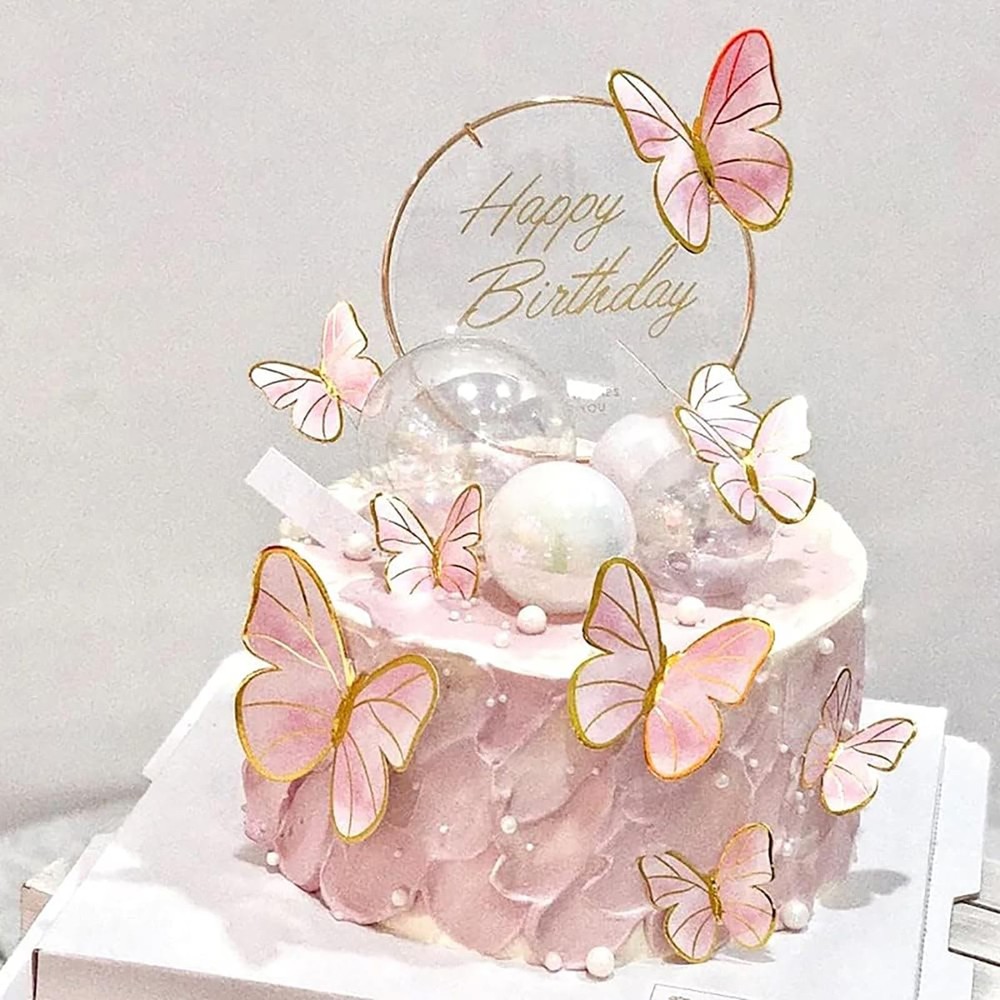 Pink Butterfly Cake Toppers, 11pcs Cupcake Toppers Happy Birthday Metal Gold …