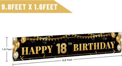 Large Happy 18Th Birthday Decoration Banner, Black and Gold Happy 18Th Birthday