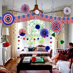 Patriotic Party Decorations 26pcs Hanging Swirls Paper Fans Pom Poms Star Banner