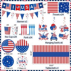 Bolake 250th Anniversary US Decorations Serve 24 Memorial Various sizes, Blue