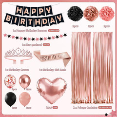 Rose Gold Birthday Decorations, 44Pcs Black & Rose Gold Birthdays Decorations fo