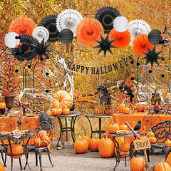 Orange White Black Halloween Decorations, Hanging Tissue Paper Fans Circle Garla