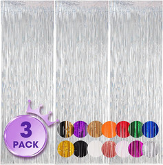 Voircoloria 3 Pack 3.3×8.2 Feet Laser Silver Foil Fringe Backdrop Curtains, Tins