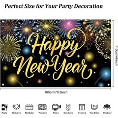 Happy New Year Banner Colorful Firework New Years Backdrop for 2026 Party
