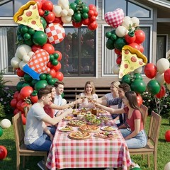 Pizza Party Decorations Kit with Red Dark Green White Latex Balloon arch Pizz