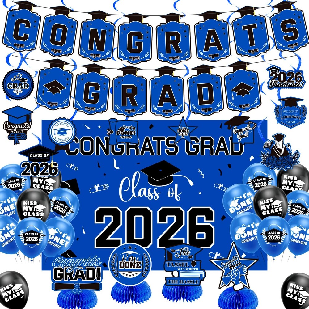 Graduation Decorations 2026 Blue Themed Set, Congrats Grad Banner, Class of 2026