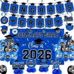 Graduation Decorations 2026 Blue Themed Set, Congrats Grad Banner, Class of 2026