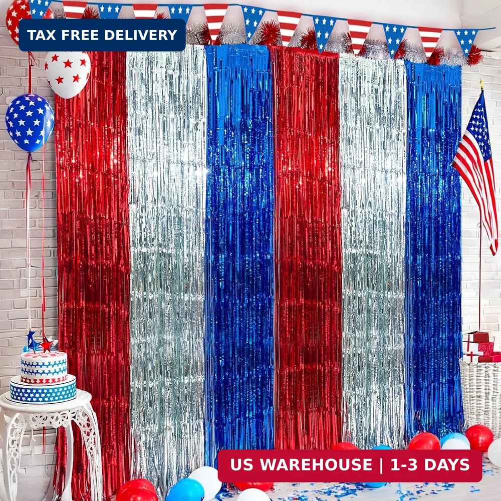 4th of July Decorations, 3 Pack Red White and Blue Tinsel Foil Fringe Curtains,