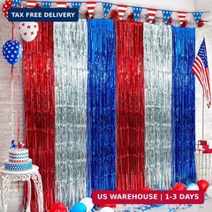 4th of July Decorations, 3 Pack Red White and Blue Tinsel Foil Fringe Curtains,