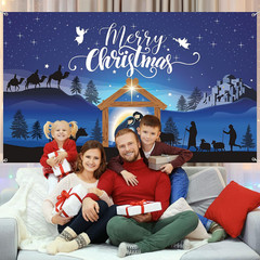 Merry Christmas Nativity Scene Banner – Large Blue Backdrop for Christmas Party