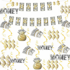 Money Theme Decoration KIT Bill Dollar Signs Birthday Banner & Hanging Swirls Mo